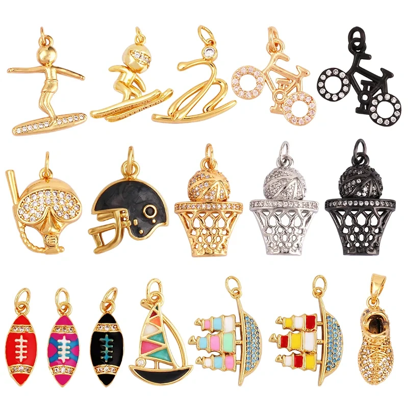 Trendy Sports Sneakers Skis Surfboard Bike Cubic Zirconia CZ Paved Charm Pendant, 18K Gold Necklace Craft Jewelry Supplies M26