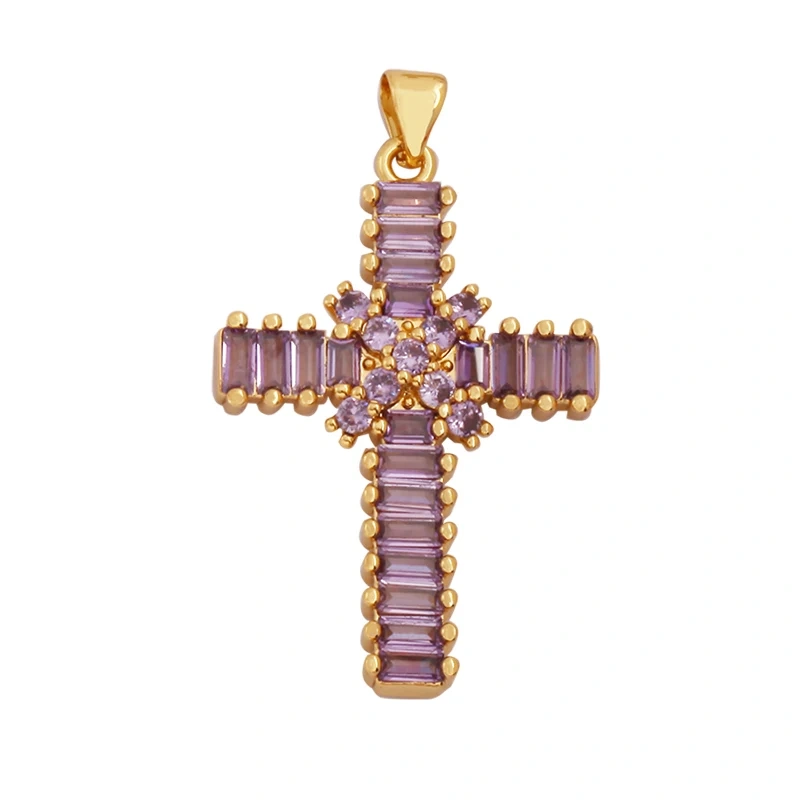 Cross Religious Style Charm Pendant,Gold Plated Inlaid Colorful Cubic Zirconia Jewelry Necklace Bracelet Accessories Supply M51