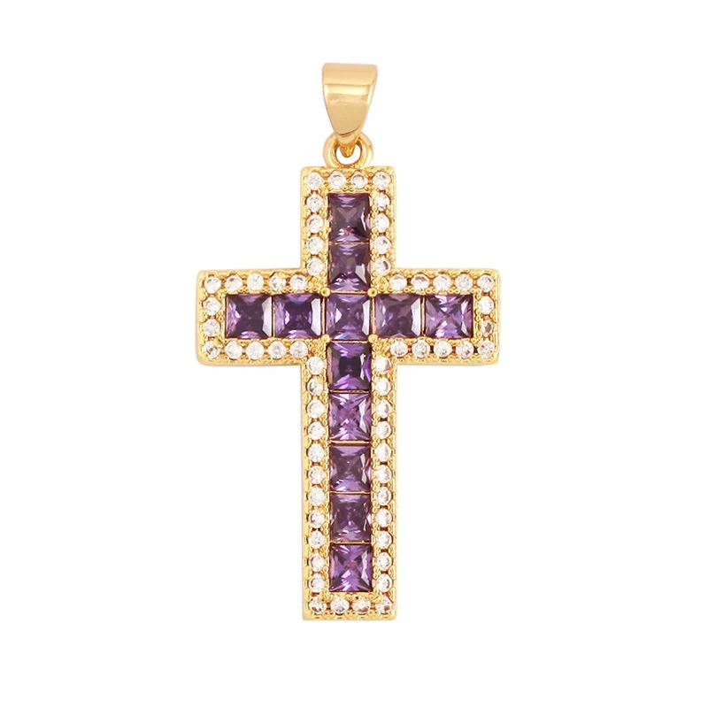 Religions Gold Plated Rainbow Cubic Zirconia CZ Paved Pearl Cross Charm Pendant,Jewelry Necklace Bracelet Accessories Supply M51