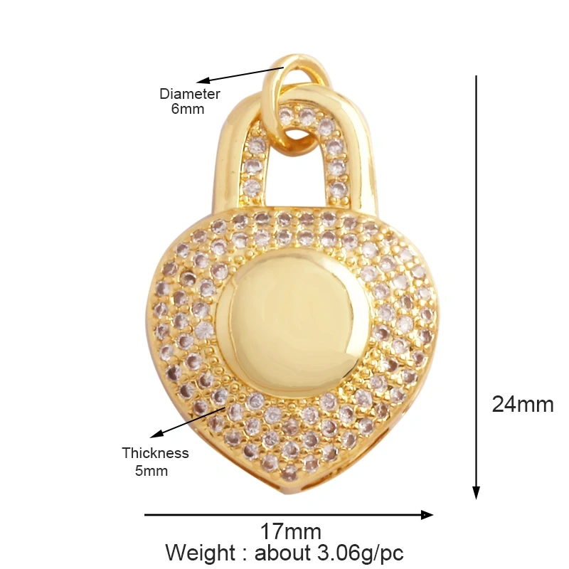 Love Heart Pearl Zircon 18K Gold Plated Colorful Lock Charm Pendant,Necklace Bracelet Handmaking DIY Jewelry Findings Supply M65