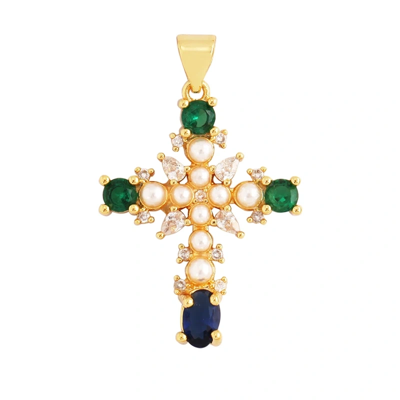 Religions Gold Plated Rainbow Cubic Zirconia CZ Paved Pearl Cross Charm Pendant,Jewelry Necklace Bracelet Accessories Supply M51