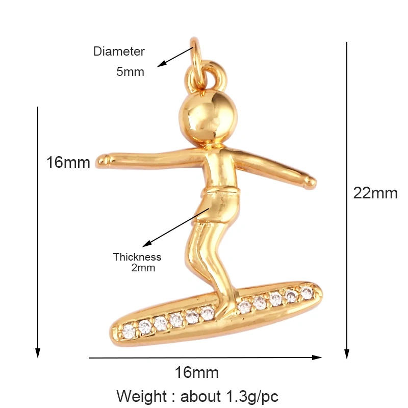Trendy Sports Sneakers Skis Surfboard Bike Cubic Zirconia CZ Paved Charm Pendant, 18K Gold Necklace Craft Jewelry Supplies M26
