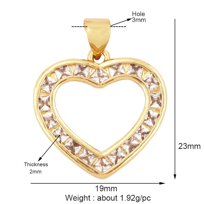 Classics Love Heart Cubic Zirconia Charm Pendant,Fashion Heart Shape Hollow 18K Gold Plated Colourful Craft Jewelry Supply L38