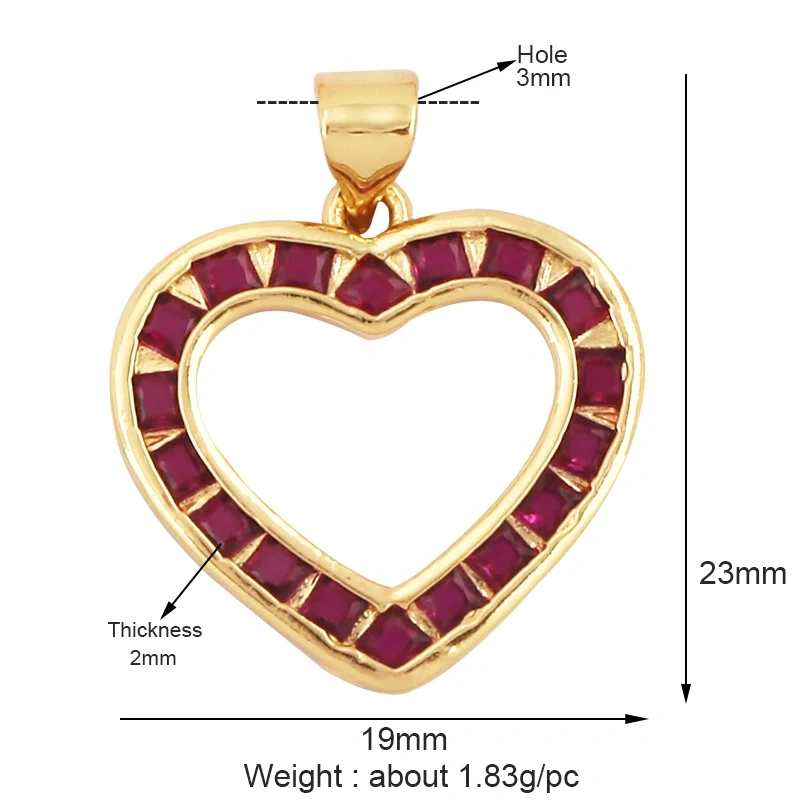 Classics Love Heart Cubic Zirconia Charm Pendant,Fashion Heart Shape Hollow 18K Gold Plated Colourful Craft Jewelry Supply L38