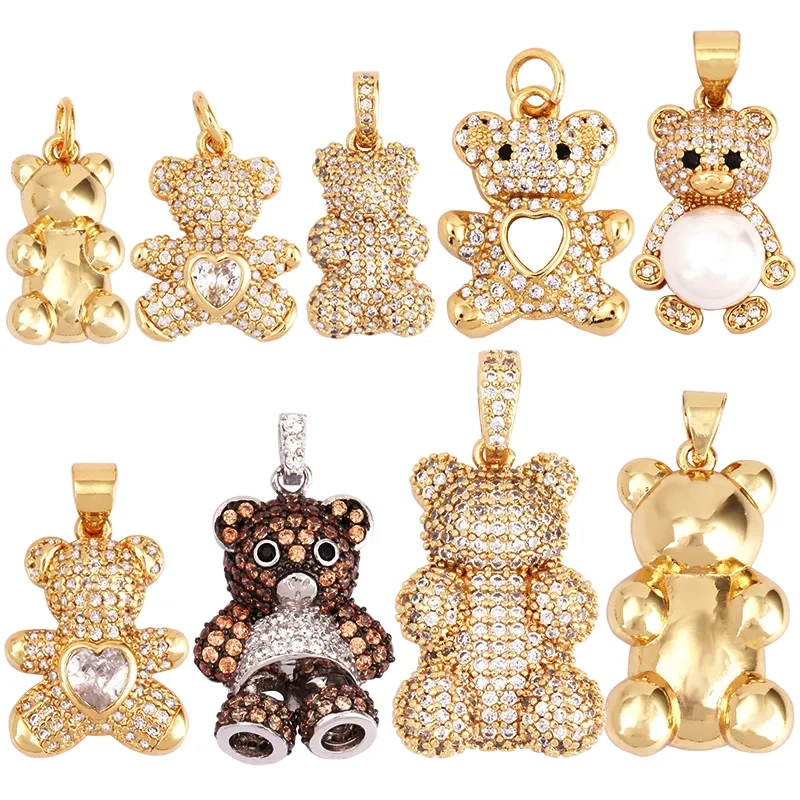 Cute Bear Charm Pendant in Gold Colour , Pearl Cubic Zironia CZ Paved , Jewelry Necklace Bracelet Making Wholesale Supplies M85