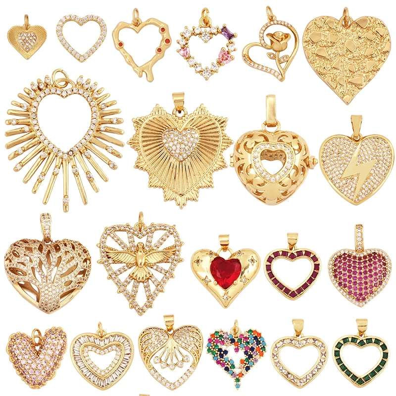 Classics Love Heart Cubic Zirconia Charm Pendant,Fashion Heart Shape Hollow 18K Gold Plated Colourful Craft Jewelry Supply L38