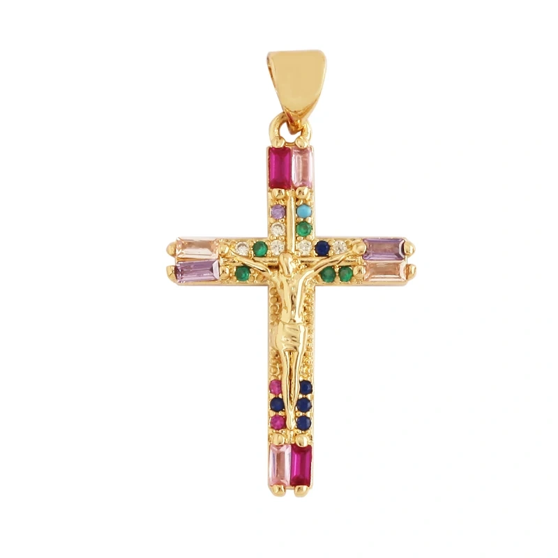 Cross Religious Style Charm Pendant,Gold Plated Inlaid Colorful Cubic Zirconia Jewelry Necklace Bracelet Accessories Supply M51