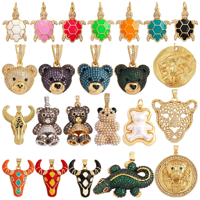 Leopard Lion Bear Crocodile Cow Head Charm Pendant,18K Gold Animal Necklace Bracelet for Handmade Jewelry Accessories Supply M62