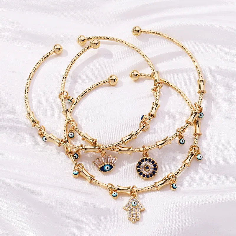 Sparkly Evil Eye Blue Turkish Hamsha Hand Brass Bangle,Fashion Colourful Zircon 18K Gold Bracelet Charm Party Summer Jewelry P19