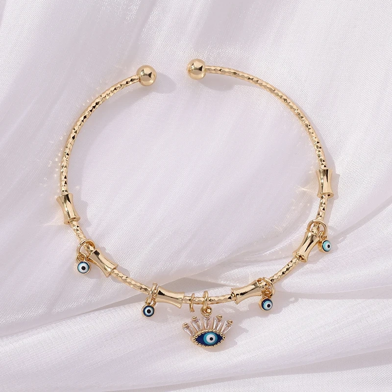 Sparkly Evil Eye Blue Turkish Hamsha Hand Brass Bangle,Fashion Colourful Zircon 18K Gold Bracelet Charm Party Summer Jewelry P19