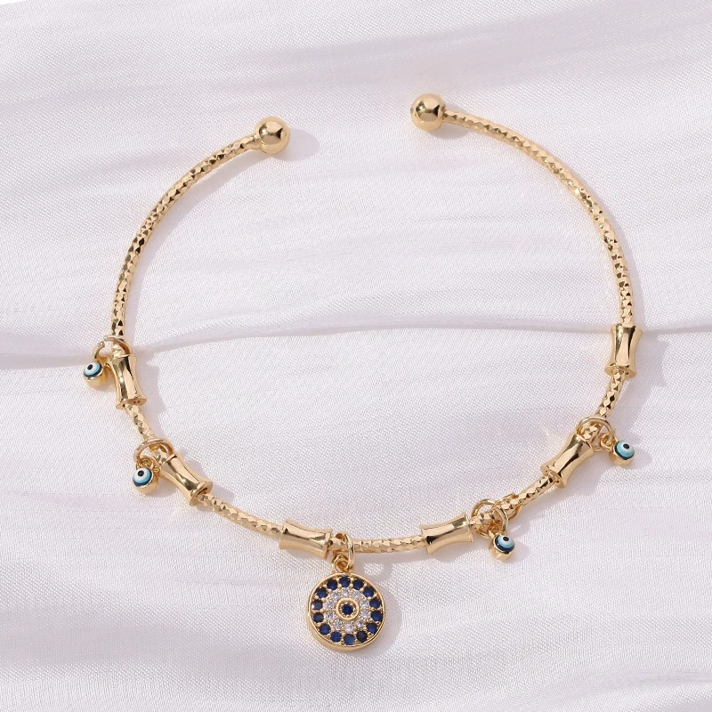 Sparkly Evil Eye Blue Turkish Hamsha Hand Brass Bangle,Fashion Colourful Zircon 18K Gold Bracelet Charm Party Summer Jewelry P19