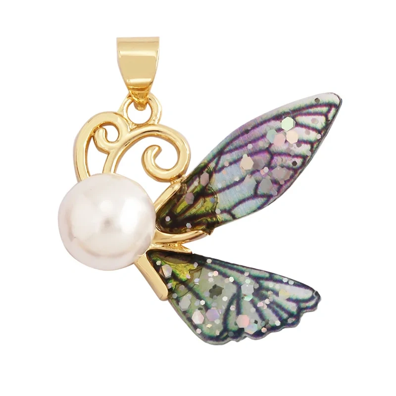 Trendy Acrylic Pearl Cubic Zirconia Butterfly Dragonfly Charm Pendant,Insect Animal Jewelry Necklace Making Accessories M79