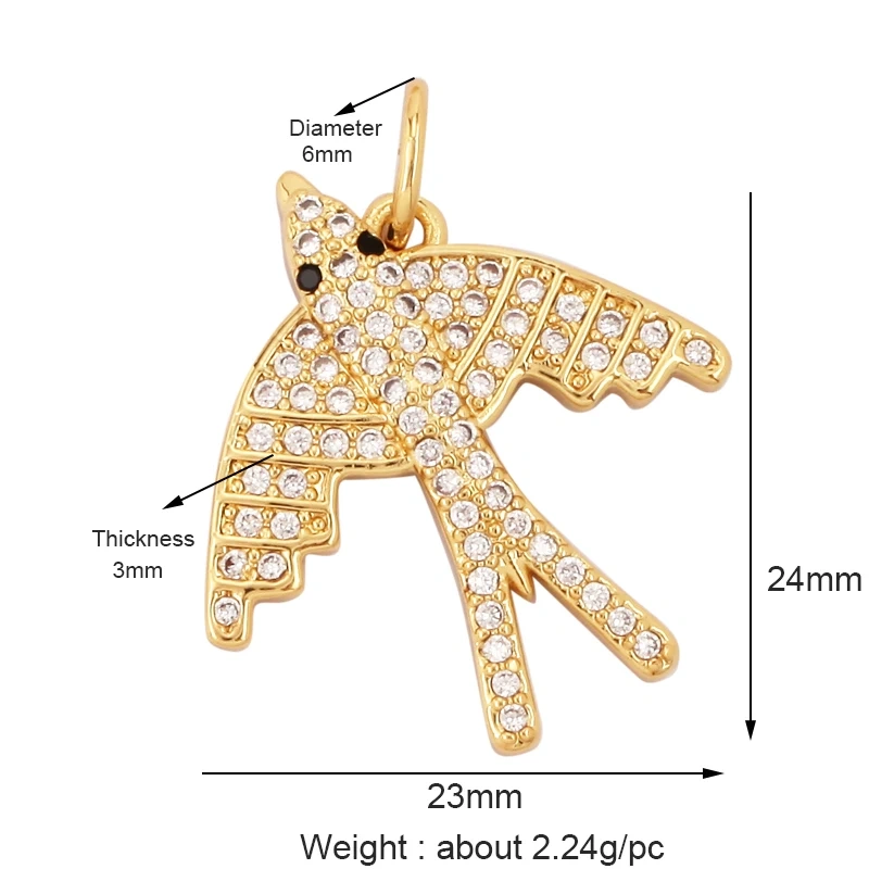 Bee Butterfly Bird Eagle Owl 18K Gold Plated Colorful Zircon Charm Pendant,Cute Insect Animal Jewelry Necklace Making Supply M71