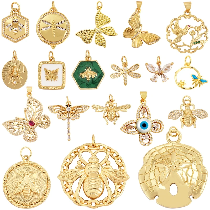 Bee Butterfly Dragonfly Spider Bird 18K Gold Zircon Charm Pendant,Cute Insect Animal Jewelry Craft Necklace Making Supplies M57