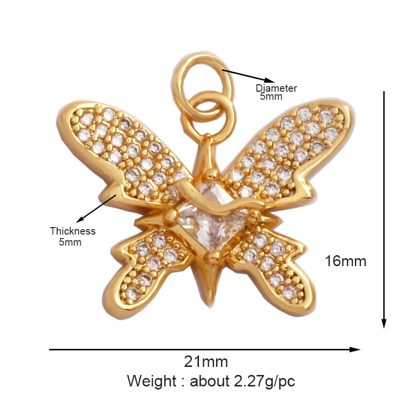 Bee Butterfly Bird Eagle Owl 18K Gold Plated Colorful Zircon Charm Pendant,Cute Insect Animal Jewelry Necklace Making Supply M71