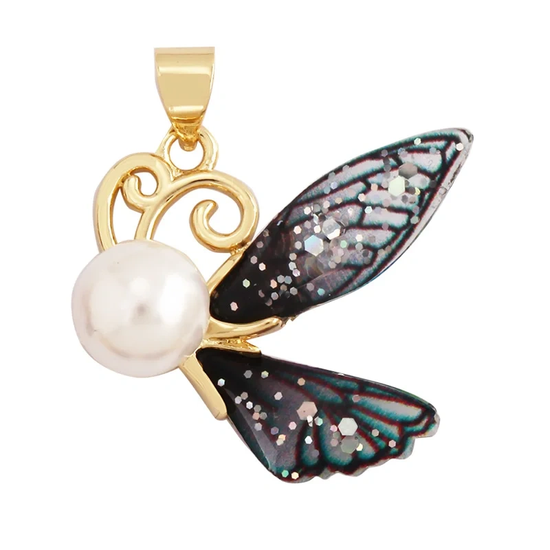 Trendy Acrylic Pearl Cubic Zirconia Butterfly Dragonfly Charm Pendant,Insect Animal Jewelry Necklace Making Accessories M79