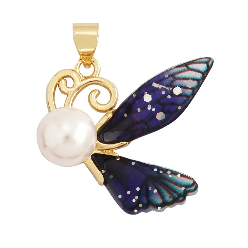 Trendy Acrylic Pearl Cubic Zirconia Butterfly Dragonfly Charm Pendant,Insect Animal Jewelry Necklace Making Accessories M79