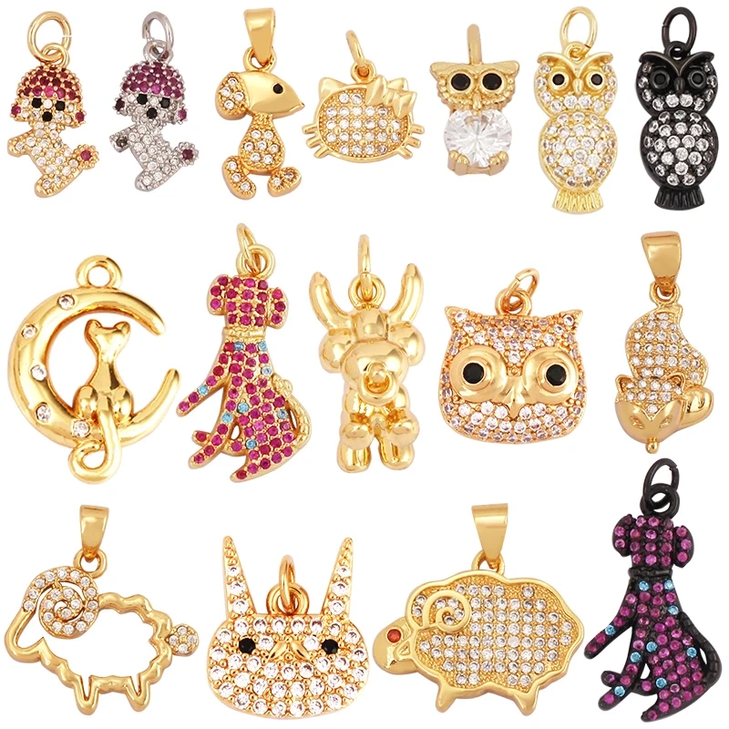 Unique Fine Animal Pet Dog Moon cat Owl Fox Sheep Goat Charm Pendant,Cute 18K Gold Necklace Bracelet for Jewelry Supplies N31