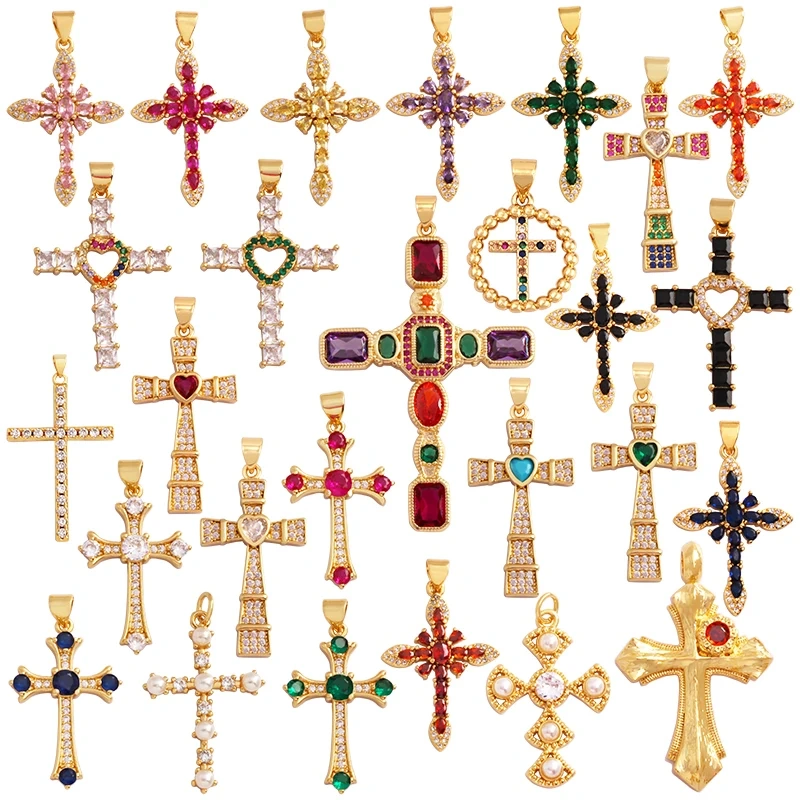 Religious Style Cross Charm Pendant,18K Gold Plated Inlaid Colorful  Zirconia Jewelry Necklace Bracelet Accessories Supplies M41
