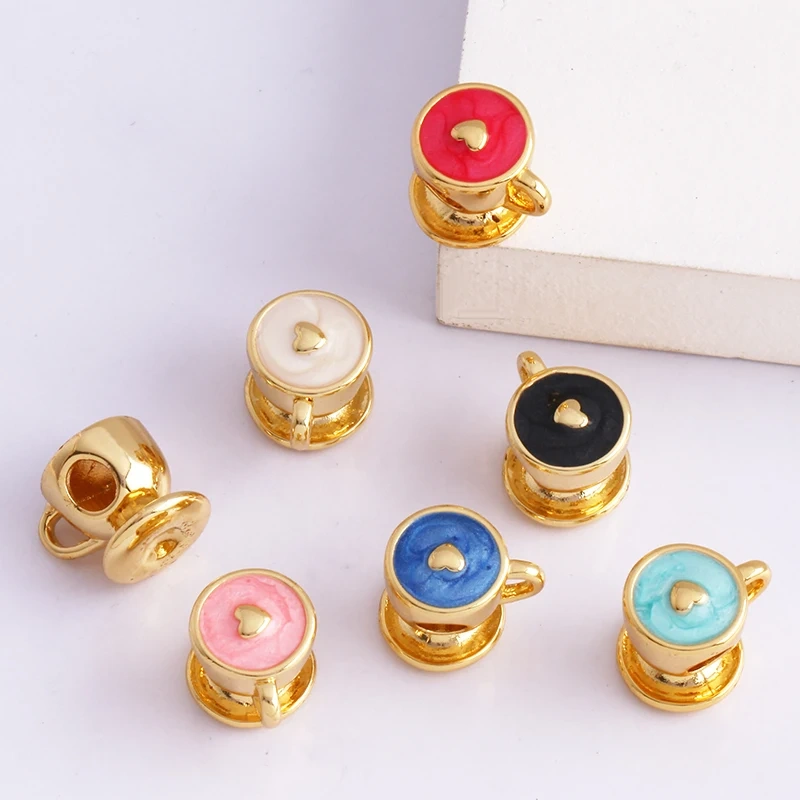 Newest Colourful Enamel Teacup Coffee Cup Bead,Love Heart 18K Gold Plated Bracelet Necklace Components Accessories Supplies P07