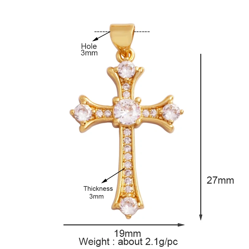 Religious Style Cross Charm Pendant,18K Gold Plated Inlaid Colorful  Zirconia Jewelry Necklace Bracelet Accessories Supplies M41