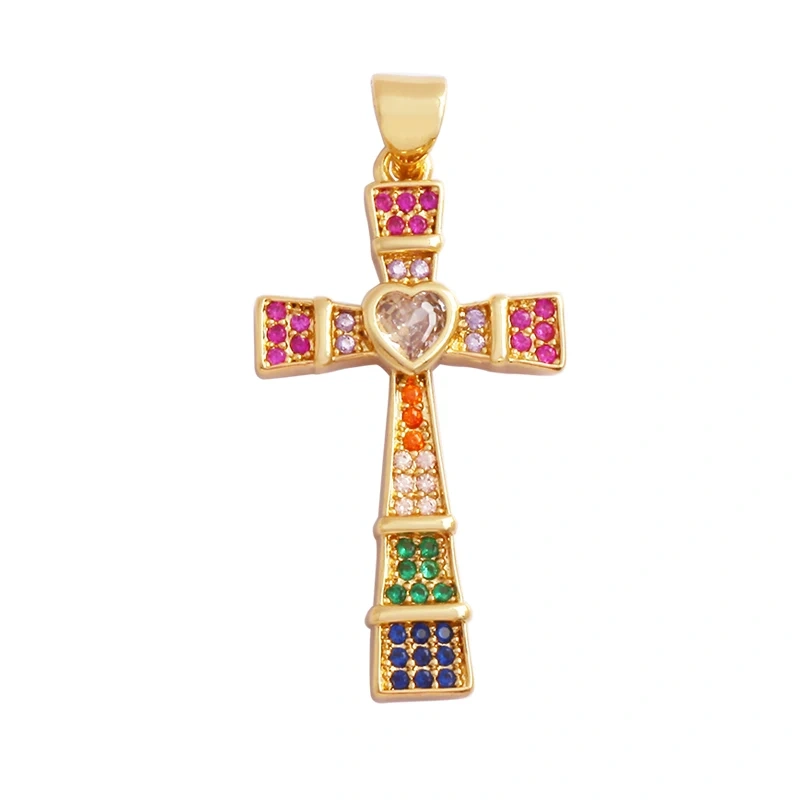 Religious Style Cross Charm Pendant,18K Gold Plated Inlaid Colorful  Zirconia Jewelry Necklace Bracelet Accessories Supplies M41
