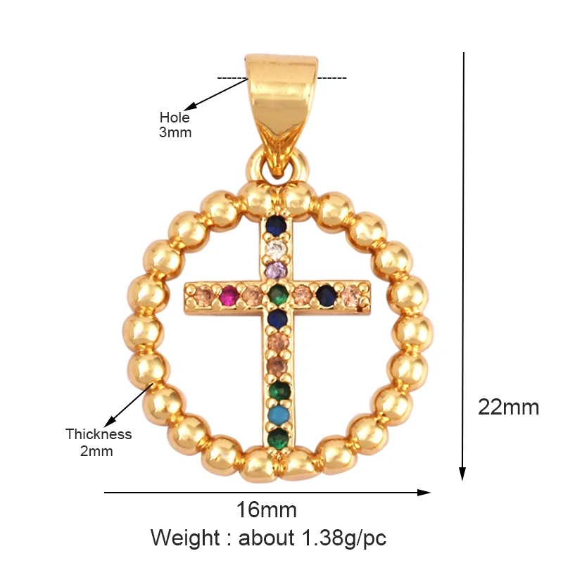 Religious Style Cross Charm Pendant,18K Gold Plated Inlaid Colorful  Zirconia Jewelry Necklace Bracelet Accessories Supplies M41