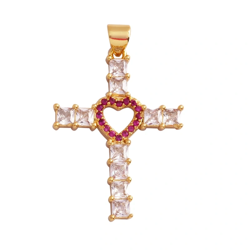 Religious Style Cross Charm Pendant,18K Gold Plated Inlaid Colorful  Zirconia Jewelry Necklace Bracelet Accessories Supplies M41