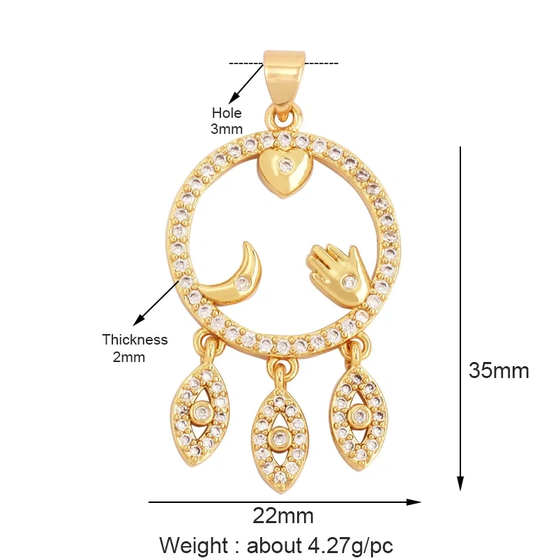Evil Eye Hand 18K Gold Plated Cubic Zirconia CZ Paved Religious Charm Pendant,Jewelry Necklace Bracelet Accessories Supplies M66