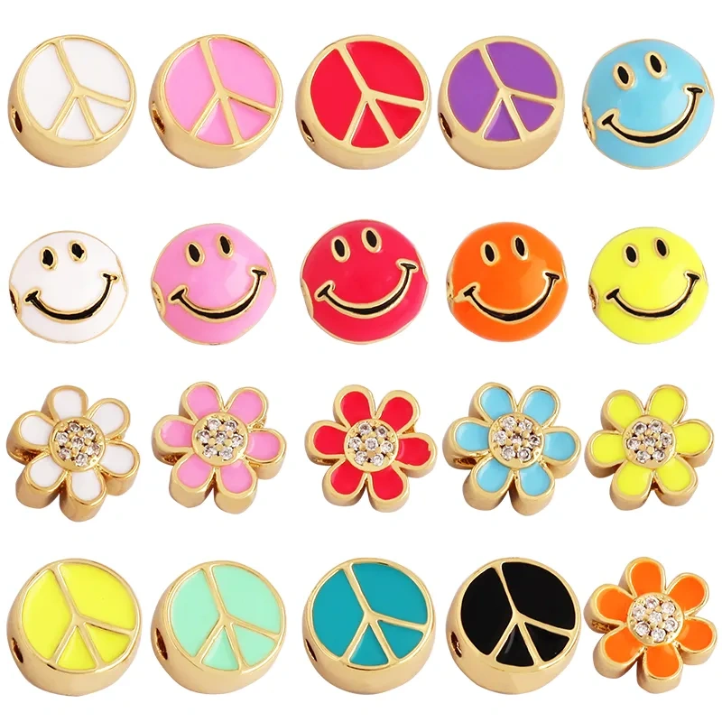 Peace Sign Happy Face Flowers Enamel Bead,10mm Gold Brass Colourful DIY Bracelet Components Accessories Wholesale Supplies