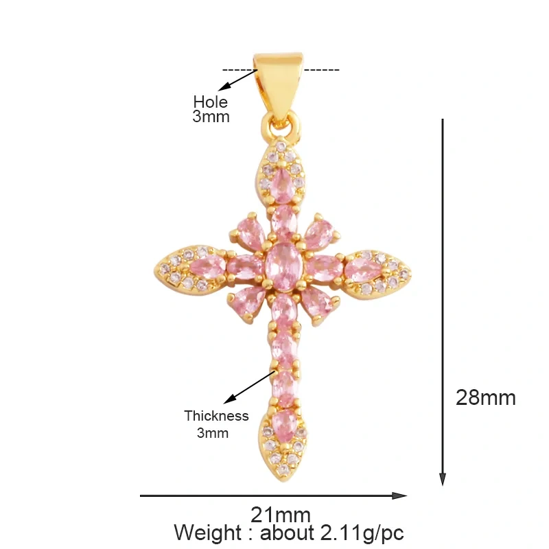 Religious Style Cross Charm Pendant,18K Gold Plated Inlaid Colorful  Zirconia Jewelry Necklace Bracelet Accessories Supplies M41