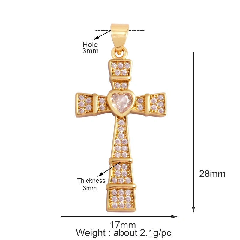 Religious Style Cross Charm Pendant,18K Gold Plated Inlaid Colorful  Zirconia Jewelry Necklace Bracelet Accessories Supplies M41