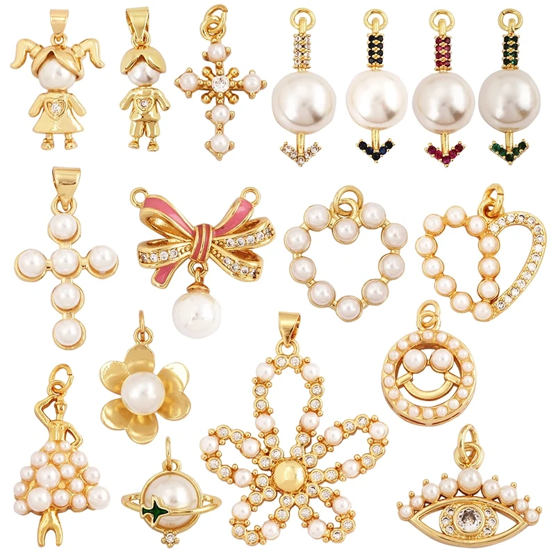 Cross Smiling Face Heart Flower Pearl CZ Zircon 18K Gold Charm Pendant,Bracelet Necklace Attachment Jewelry Findings Supply L36