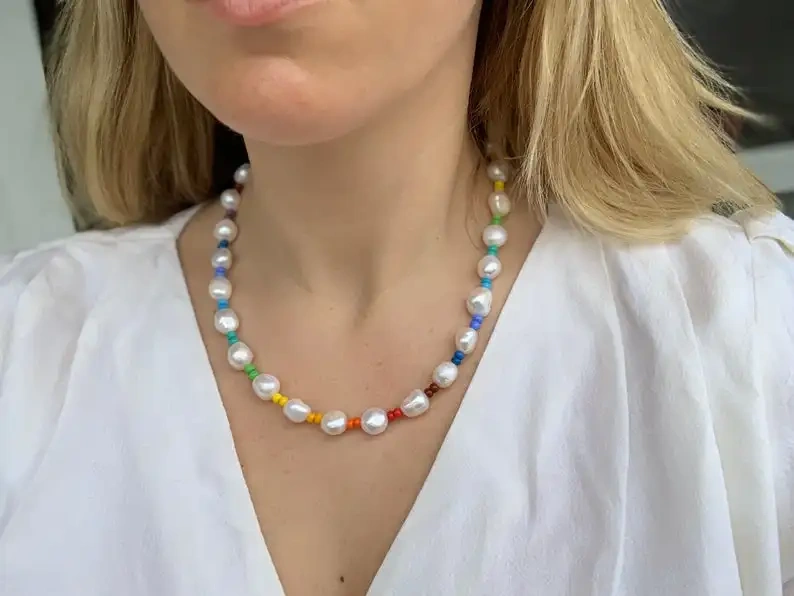 Freshwater Pearls and Glass Beads Handmade Pearl Designer Necklace, Women Party Holiday Trendy Fashion Gift For Her