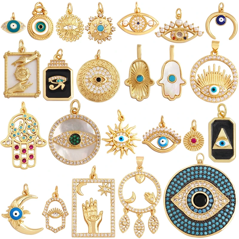 Evil Eye Hand 18K Gold Plated Cubic Zirconia CZ Paved Religious Charm Pendant,Jewelry Necklace Bracelet Accessories Supplies M66