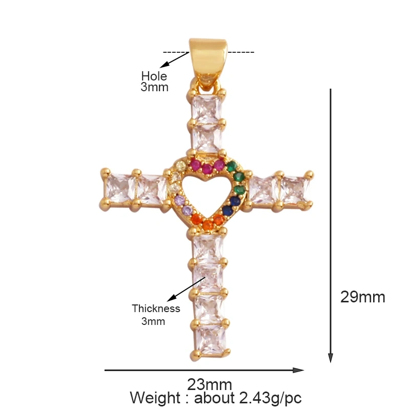 Religious Style Cross Charm Pendant,18K Gold Plated Inlaid Colorful  Zirconia Jewelry Necklace Bracelet Accessories Supplies M41