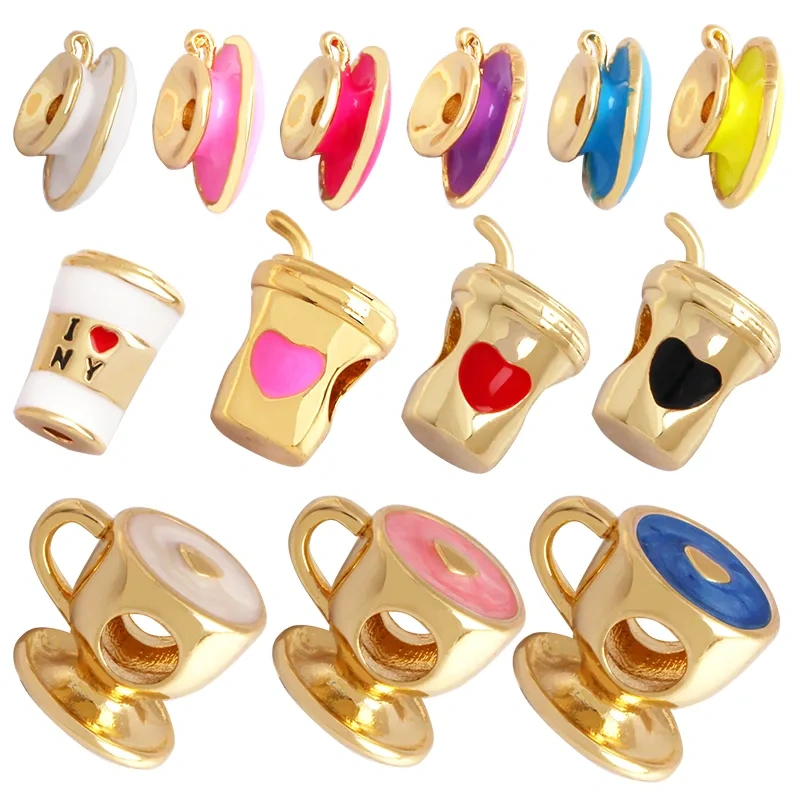 Newest Colourful Enamel Teacup Coffee Cup Bead,Love Heart 18K Gold Plated Bracelet Necklace Components Accessories Supplies P07