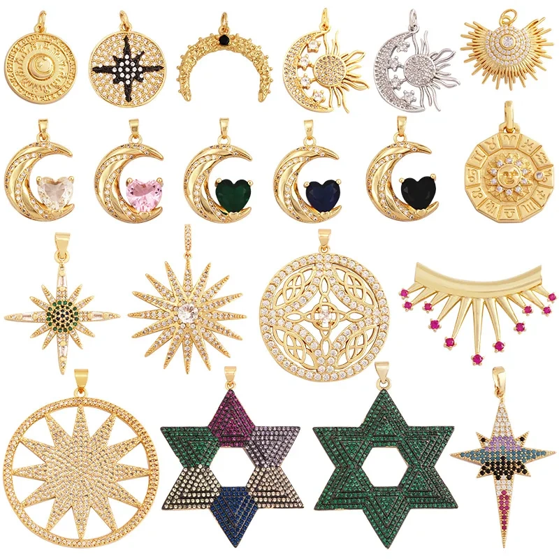 Trendy Star Moon Sun Charm Focal Pendant,18K Gold Plated Zircon Necklace Bracelet For Handmade Jewelry Findings Supplies K47