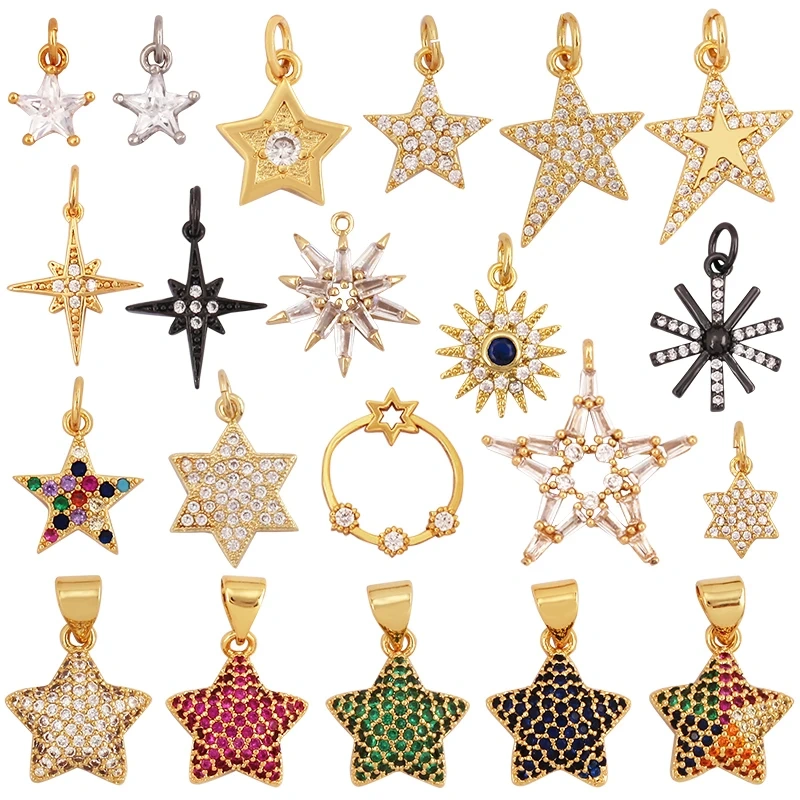 Cute Colourful Star Snowflake Sun FLowers 18K Gold Charm Pendant,Trendy Cubic Zirconia CZ Paved,Jewelry Necklace Accessories M49