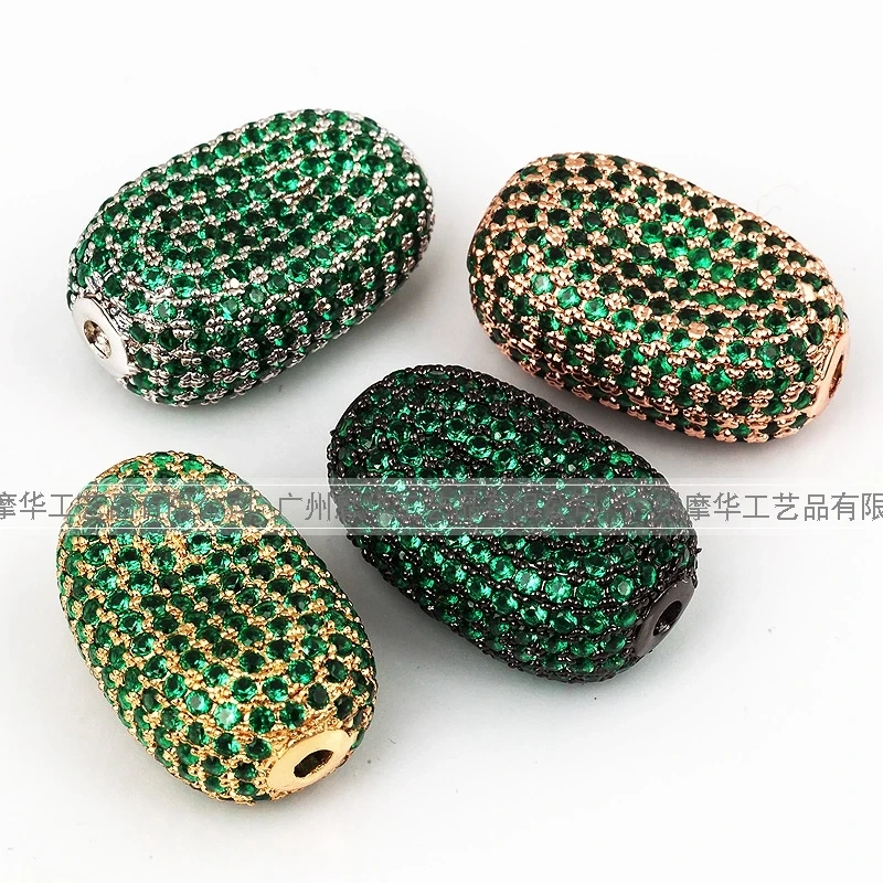 Luxury Fully Paved Bean bead,Micro Pave Clear Blue Fuchsia Gold Silver Cubic Zirconia space beads, Men Bracelet Charm Pave Beads