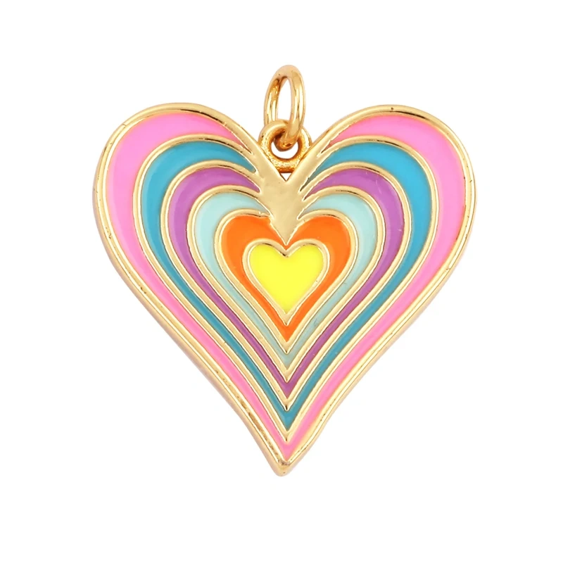 Rainbow Heart Enamel Charm Neon Pink Orange Turquoise Blue Pendant Oil Dropped,Gold Plated Colour,Necklace Bracelet Making L28