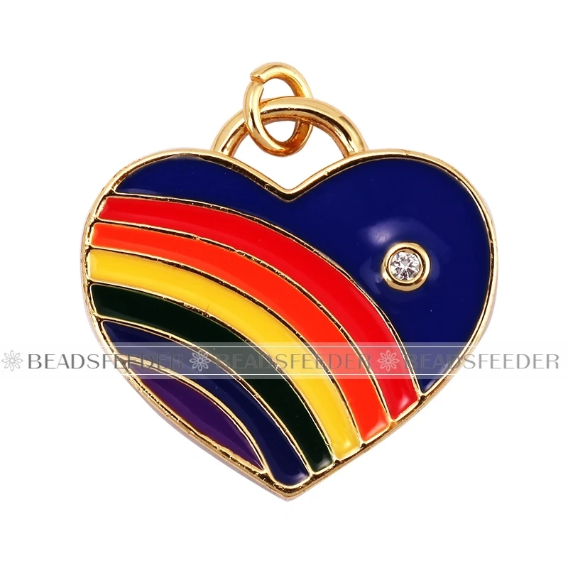 Rainbow Heart Enamel Charm Neon Pink Orange Turquoise Blue Pendant Oil Dropped,Gold Plated Colour,Necklace Bracelet Making L28