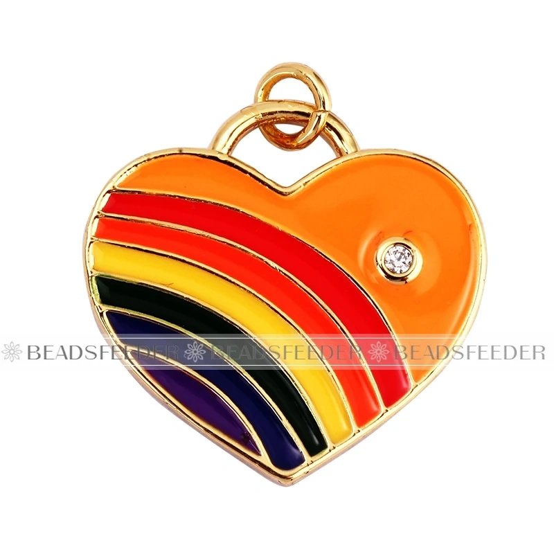 Rainbow Heart Enamel Charm Neon Pink Orange Turquoise Blue Pendant Oil Dropped,Gold Plated Colour,Necklace Bracelet Making L28