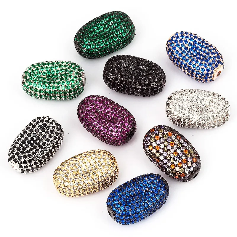 Luxury Fully Paved Bean bead,Micro Pave Clear Blue Fuchsia Gold Silver Cubic Zirconia space beads, Men Bracelet Charm Pave Beads