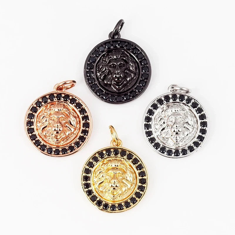 Lion Head Charm Pendant for mens necklace/bracelet, Micro Pave black Cubic Zirconia Charms in Silver/Gold/Gunmetal Colour Q13