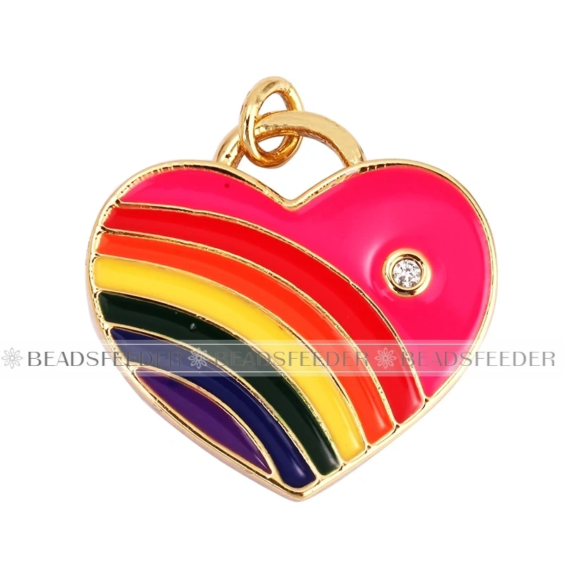 Rainbow Heart Enamel Charm Neon Pink Orange Turquoise Blue Pendant Oil Dropped,Gold Plated Colour,Necklace Bracelet Making L28