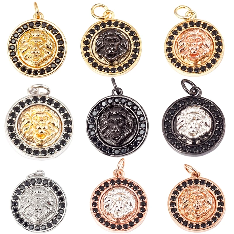 Lion Head Charm Pendant for mens necklace/bracelet, Micro Pave black Cubic Zirconia Charms in Silver/Gold/Gunmetal Colour Q13