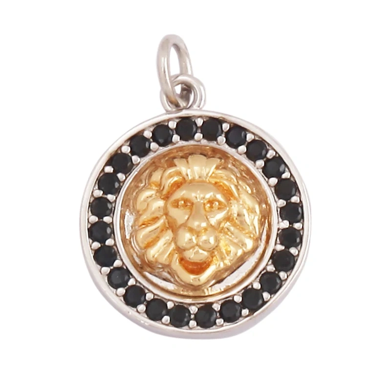 Lion Head Charm Pendant for mens necklace/bracelet, Micro Pave black Cubic Zirconia Charms in Silver/Gold/Gunmetal Colour Q13
