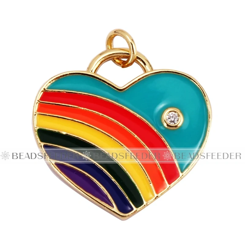 Rainbow Heart Enamel Charm Neon Pink Orange Turquoise Blue Pendant Oil Dropped,Gold Plated Colour,Necklace Bracelet Making L28