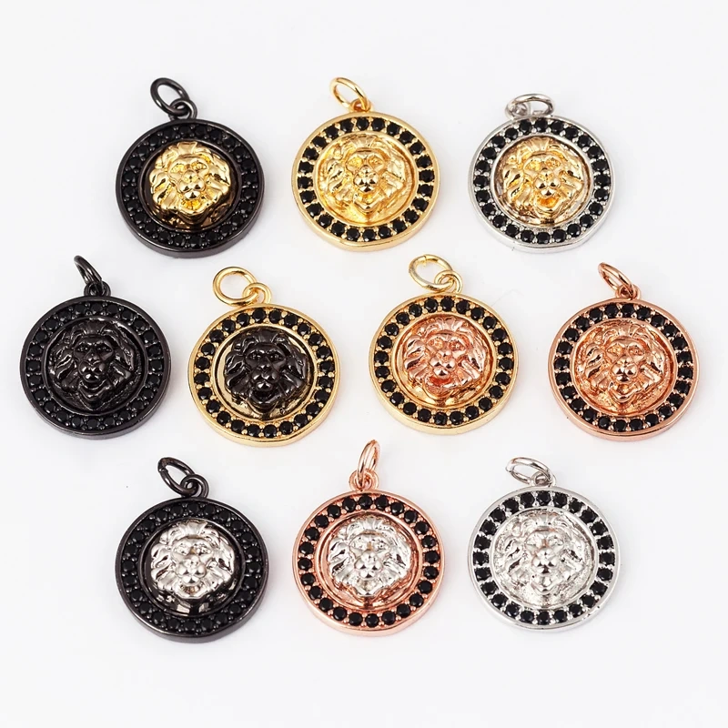 Lion Head Charm Pendant for mens necklace/bracelet, Micro Pave black Cubic Zirconia Charms in Silver/Gold/Gunmetal Colour Q13